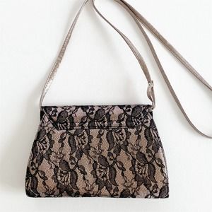 Neiman Marcus Vintage Black Lace Metallic Rose Gold Lace Clutch/Shoulder Bag